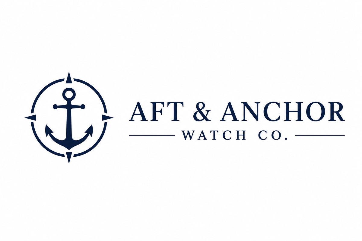 Aft & Anchor Watch Co. logo in navy blue on a white background, featuring an anchor inside a compass-style circle with the text 'AFT & ANCHOR WATCH CO.