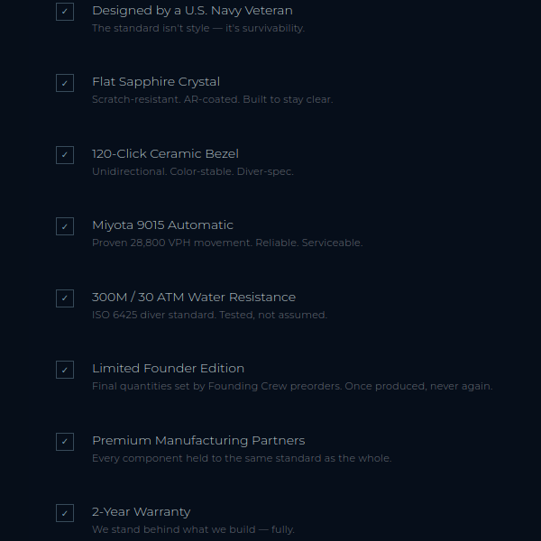 A dark promotional text list detailing features of a watch, including 'Designed by a U.S. Navy Veteran
